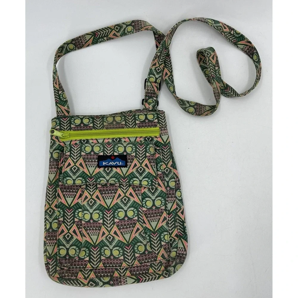 KAVU Canvas Crossbody Adjustable Small Bag Featured In Greens & Corals Geometric